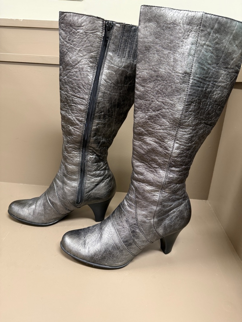 Born Metallic Gray Crinkled Leather Knee-High Women's Side Zip Boots